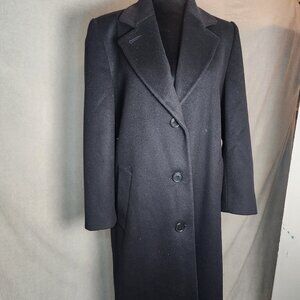 Jones New York Trench coat Black Wool Lined Long Shoulder Pads Vintage Goth Sz4